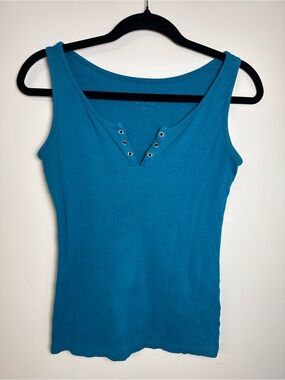 Reitmans Bright Teal Ribbed Short Sleeve Henley